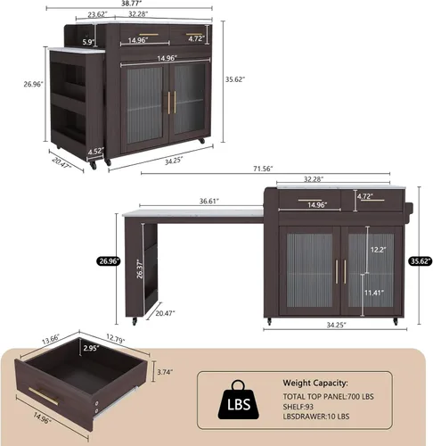 Miniatura 2 de HLR Isla de Cocina con Mesa de Comedor Extensible, Isla de Cocina con Encimera de Grano de Mármol y Enchufe Eléctrico, Carrito de Almacenamiento