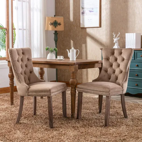 Miniatura 16 de Juego de 2 sillas de comedor de terciopelo, sillas decorativas tapizadas con botón acolchonado, ribete de cabeza de clavo y tirador de anillo Naranja