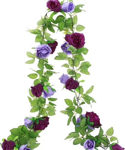 Miniatura 11 de GREENTIME - Guirnalda de flores artificiales 2 unidades, 4 metros de vid de rosas falsas, 9 cabezas de rosas, para arco de boda, centro de mesa