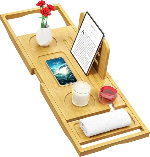 Miniatura 10 de Bandeja de bañera de alta calidad – Bandejas de baño de madera de bambú expandibles para bañera – Bandeja de mesa de bañera para bañera/bañera