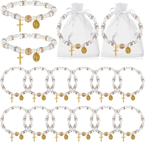 Taiyin Rosary Bracelet Bulk with Mesh Bags, White Religious Rosary Bead Bracelet Catholic Bracelets, Baptism First Communion Gifts for Women