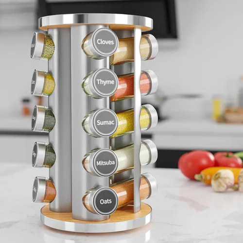 Miniatura 6 de Juego de estante giratorio para especias con 20 tarros de especias, organizador de torre de especias de cocina para encimera o gabinete. Madera