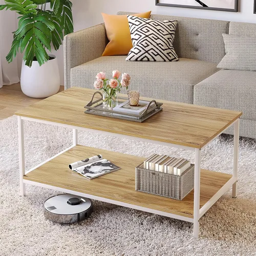 Miniatura 7 de SAYGOER Mesa de centro con almacenamiento de 2 niveles, mesa central industrial para sala de estar, mesa de madera rectangular para espacios Beige