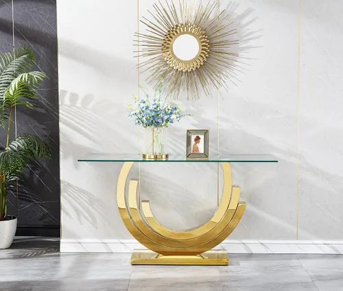 Miniatura 141 de Mesa de centro de cristal de lujo, mesa de centro de sofá de 47 pulgadas con marco de acero inoxidable dorado y parte superior de vidrio negro, mesa