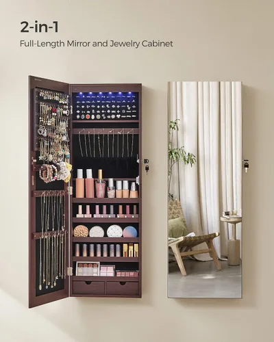 Miniatura 2 de SONGMICS Gabinete colgante de joyería, gabinete de pared con luces interiores LED, organizador de joyas montado en la puerta, espejo de cuerpo
