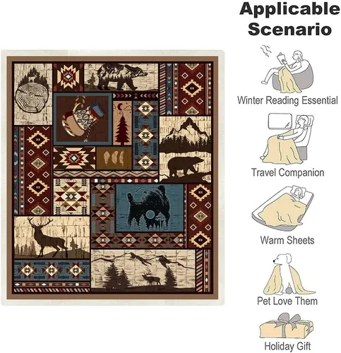Miniatura 9 de Manta Azteca Otoñal Rústica del Suroeste Americano Nativo - Navajo, Mexicana, India, Diseño de Oso y Ciervo - Decoración de Granja para Sofá, Cama