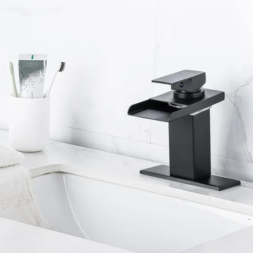 Miniatura 9 de Grifo LED para Lavabo de Baño - Negro Mate de Un Solo Agujero o Centerset de 4 Pulgadas Grifo de Cascada con Boquilla de Acero Inoxidable y Luces