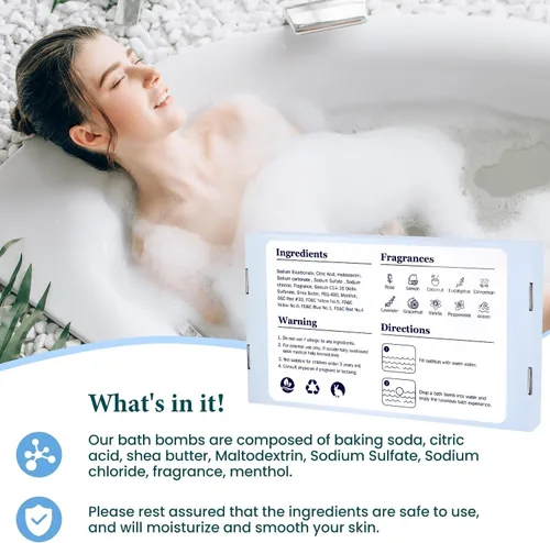 Miniatura 5 de TranquilBliss Juego de 50 bombas de baño con 10 aromas ricos, bombas de baño para mujeres, bombas de burbujas naturales con manteca de karité y Azul
