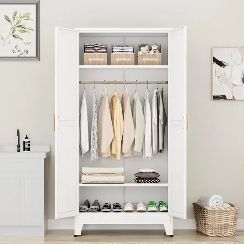 Miniatura 14 de PAOFIN Armario de metal negro de 71 pulgadas, armario de almacenamiento de ropa para dormitorio con 2 cajones y barra para colgar, armario