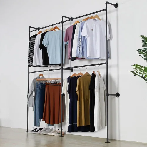 Miniatura 7 de Perchero industrial para ropa de tubería resistente, doble barra de armario, barras de ropa para colgar ropa, montaje en la pared, sistema