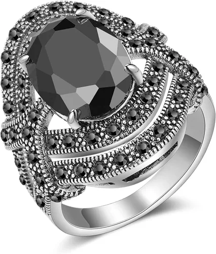 Mytys Anillos de piedra de ónix negro para mujer, marcasita, vintage, de cóctel, anillos de plata gruesos, cristal antiguo, retro, para victorianos,
