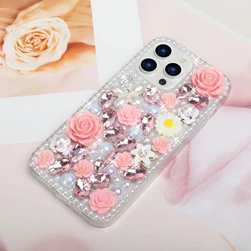 Miniatura 3 de para iPhone 14 Pro - Funda con Purpurina y Diamantes de Imitación, de Lujo, con Cristales Brillantes, Flores de Rosa, Perlas Florales, Pulseras