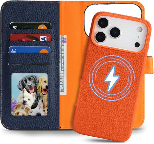 Miniatura 15 de Funda desmontable de piel auténtica para iPhone 13/14, funda magnética 2 en 1 extraíble, soporte de carga MagSafe, función de soporte para tarjetas