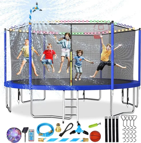 Miniatura 12 de Lyromix Trampolín mejorado con luces, trampolín grande para exteriores con aspersor, aro de baloncesto y red, capacidad para 5-8 niños y adultos