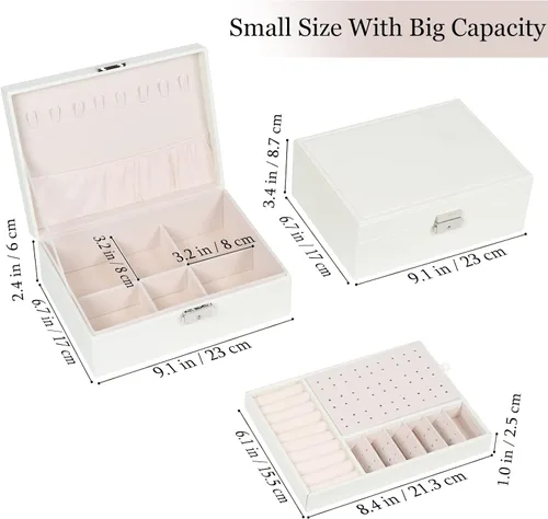 Miniatura 23 de Joyero para mujeres y niñas, contenedor organizador de joyas de 2 capas con cerradura, estuche de almacenamiento de piel sintética con bandeja