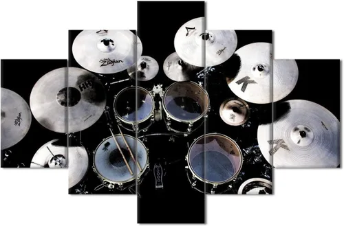 Miniatura 44 de Arte de pared en blanco y negro, kit de batería de jazz morado sobre fondo negro, pinturas de 5 paneles, lienzo, arte de pared para decoración