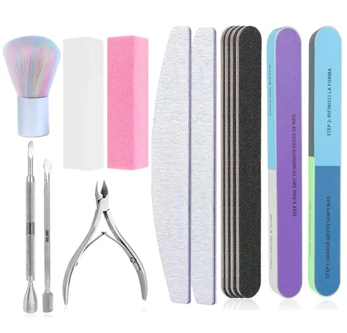 Kit de herramientas para el cuidado de uñas, juego de 14 limas de uñas, bloque de amortiguador, esponja pulida, pinza de cutícula y empujador para