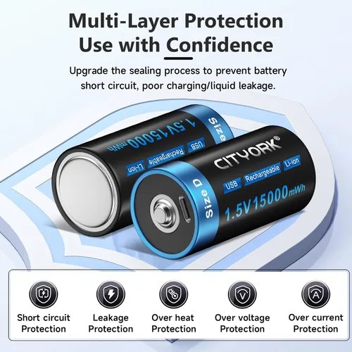Miniatura 8 de CITYORK Paquete de 4 baterías de litio D recargables USB, baterías de tamaño D de 1.5 V 15000 mWh con cable de carga USB-C 4 en 1, batería de celda