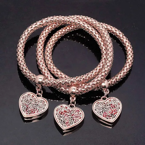 Miniatura 5 de SILANER Pulseras multicapa con dijes de cristal, 3 pulseras de cadena de maíz de oroplataoro rosa para mujer, pulsera elástica en forma de corazón
