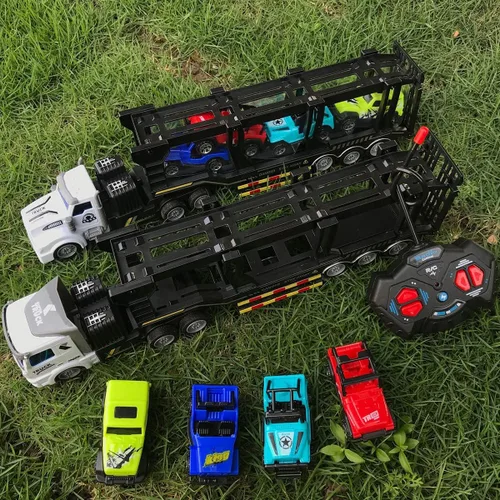 Miniatura 2 de Camión transportador de automóviles a control remoto, incluye 4 autos, 14 pulgadas, 1:48, mini remolque de juguete a control remoto con 2