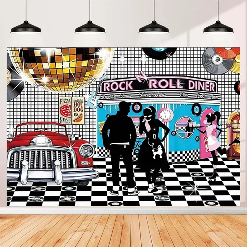 Miniatura 2 de Telón de fondo de fotos de estilo retro disco – Rollo de rock de los años 50, baile de graduación, cumpleaños, comedor, decoración de fiesta