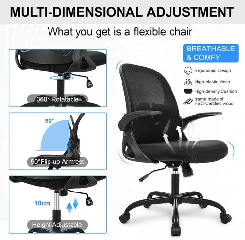 Miniatura 7 de Primy Silla de Oficina Ergonómica Silla de Escritorio con Reposabrazos Abatibles Silla de Escritorio Giratoria de Malla Transpirable para Negro