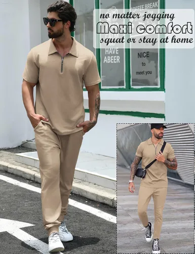 Miniatura 4 de Chándal deportivo para hombre, 2 piezas, camisa polo y pantalones deportivos con cremallera de cuatro, sudadera de color liso, pantalones deportivos