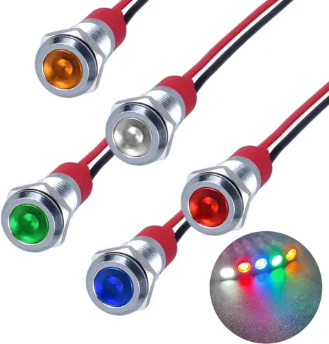 Miniatura 18 de 5Pcs 12V-24V Luz indicadora LED de ahorro de energía Montaje de orificio 8mm (1/3") 20mA Señal de lámpara de cabeza plana ancha impermeable piloto