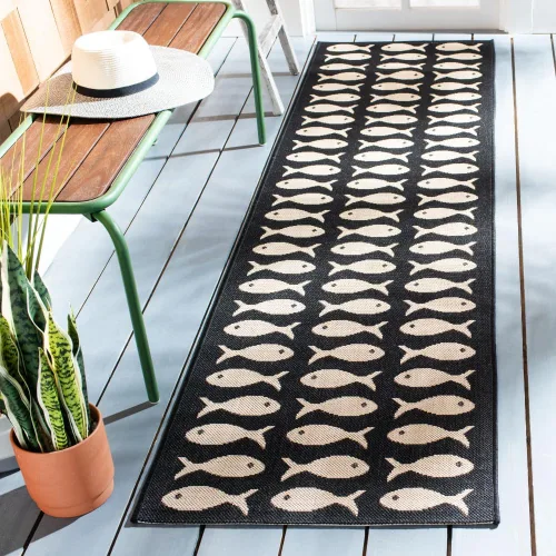 SAFAVIEH Alfombra lavable para exteriores, colección Patio de 2.3 x 6.7 pies, color negro y beige, no desprende pelusa y fácil limpieza, ideal para