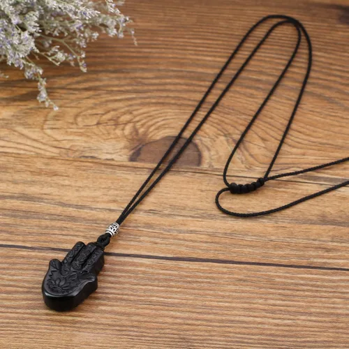 Miniatura 6 de COAI Collar de mano Hamsa curativa de obsidiana negra Piedra