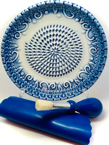 BonCera, Juego de 4 platos de rallador de ajo de cerámica de alta calidad todo en uno - Diseño y estilo en relieve azul - Para ajo, jengibre,