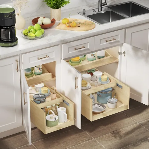 Miniatura 4 de LOVMOR Organizador retráctil de gabinete extraíble de doble cajón, 10½ pulgadas de ancho x 21 pulgadas de profundidad, cajones de gabinete de cierre