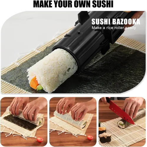 Miniatura 3 de Kit de fabricación de sushi SmileTools, juego de 22 piezas para principiantes con libro guía, bazuca, cuchillo, estera, cortador de aguacate, Negro2