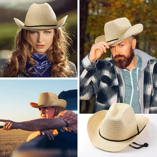 Miniatura 4 de Unittype Juego de 6 sombreros de vaquero de paja con bandanas, paquete de accesorios de fiesta de vaquero, disfraz clásico de sombrero de vaquero