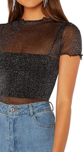 Miniatura 5 de SheIn - Blusa de manga corta con brillantina malla transparente y ribete de lechuga para mujer