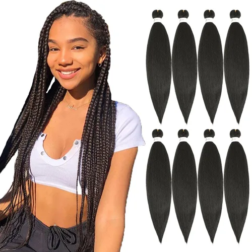 Miniatura 11 de SOKU - Cabello trenzado rojo preestirado de 24" de largo, 4 paquetes de fibra sintética trenzada con ganchillo, textura suave Yaki recta 4 paquetes