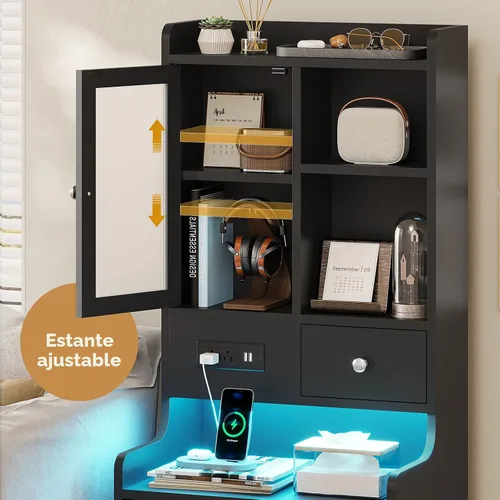 Miniatura 5 de ADORNEVE Mesita de noche alta con estación de carga y luces LED, mesita de noche de 49.2 pulgadas con estantería, mesita de noche negra con cajones