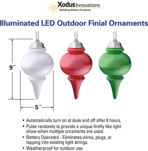 Miniatura 3 de Xodus Innovations WP680-3 - Adornos de remate LED de 8 pulgadas, acción pulsante, sensor de anochecer (paquete de 3), rojo