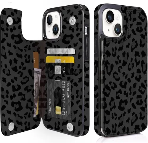 Miniatura 17 de Funda compatible con iPhone 14/15 con tarjetero y ranuras integradas de piel sintética con función atril y a prueba de golpes para iPhone 14/15