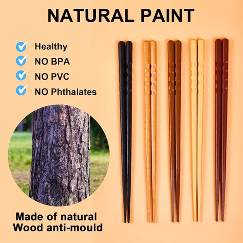 Miniatura 4 de MFJUNS 5 pares de palillos japoneses minimalistas reutilizables, juego de madera natural antideslizante de 8.8 pulgadas, ideal para sushi, fideos