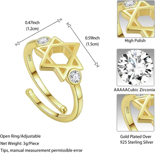 Miniatura 40 de Jewmon Anillo de plata de ley con estrella de David para mujer – Anillo ajustable Magen David – Amuleto Wicca – Regalos judíos