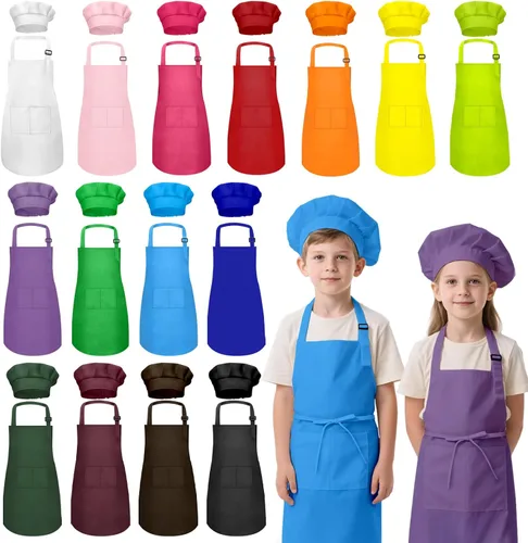 Miniatura 8 de Juego de delantal y sombrero de chef para niños, 24 piezas con 2 bolsillos ajustables para cocinar, aula, hornear, pintura, 6 a 13 años