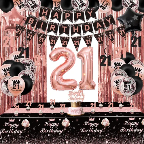 Decoraciones de fiesta de color negro y oro rosa número 21: pancarta de feliz cumpleaños, banderín, globos, cortinas de flecos, mantel, decoración