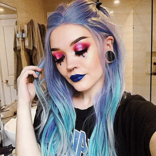 Miniatura 5 de Lady Miranda Peluca de cabello sintético de alta densidad con ondas de cuerpo gris mezclado, de color azul, de alta densidad, resistente al calor