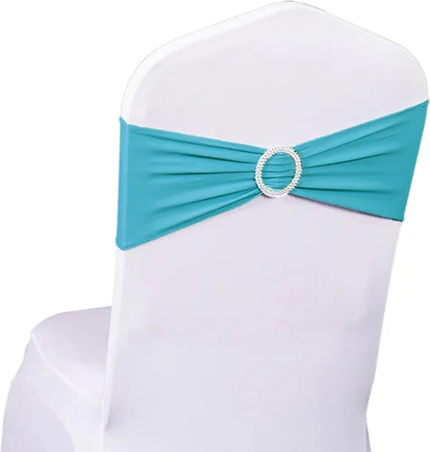 Miniatura 28 de Paquete de 50 unidades de cintas elásticas de elastano azul polvoriento para sillas, con moños, bandas de cubierta de silla elásticas, hebillas Azul
