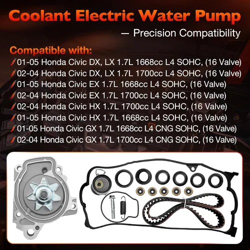 Miniatura 2 de Kit de correa de distribución del motor con bomba de agua Compatible con Honda Civic HX EX LX GX DX 1.7L L4 SOHC 16V 2001-2005 Reemplaza #