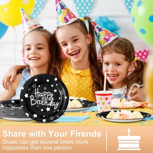Miniatura 6 de Platos de papel de fiesta de feliz cumpleaños, platos de postre negros, 7 pulgadas, 50 unidades, lunares de aluminio para decoraciones de fiesta