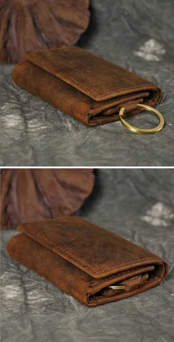 Miniatura 5 de Le'aokuu Funda de cuero genuino para llave de coche con gancho para monedas, billetera a presión