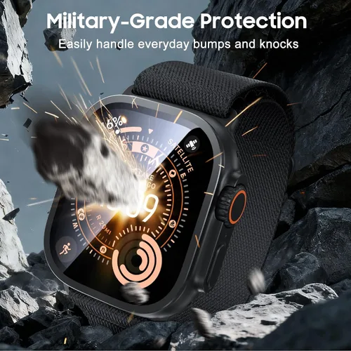 Miniatura 2 de Uyiton Protector de pantalla para Apple Watch Ultra 3/2/1, marco de aleación de titanio y vidrio templado 9H, protección militar [Keep Original]