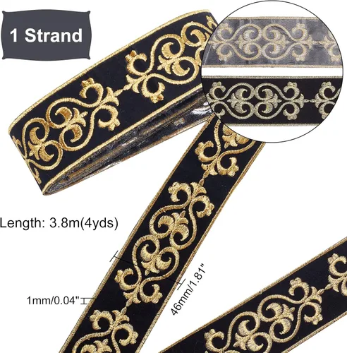 Miniatura 2 de PH PandaHall Cinta jacquard de 1.75 pulgadas, 4 yardas con adhesivo en caliente, ribete floral negro dorado bordado, cinta tejida de tela con flecos